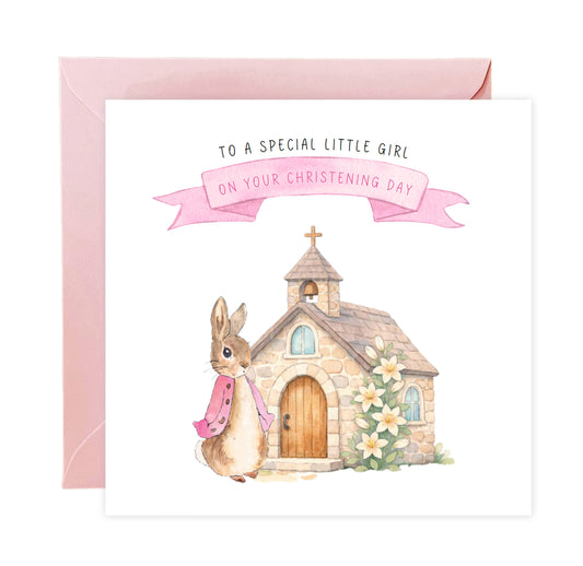 Christening Day/ Baptism Card for Girl – Cute Bunny & Church Design – To a Special Little Girl Baptism Card Christening Card for Girls, Daughter, Granddaughter, Niece with Pink Envelope