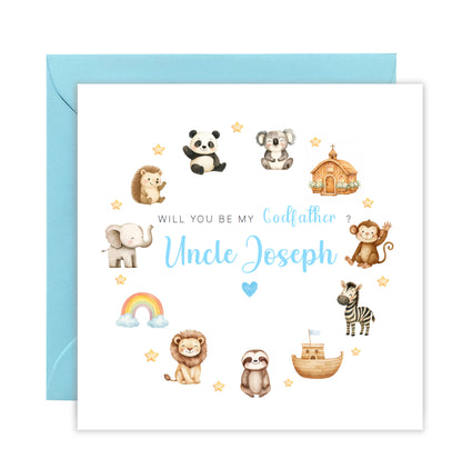 Personalised Godfather Proposal Card -  Will You Be My Godfather Card - Cute Animals Godfather Ask Card - Personalised Baptism Christening Day Proposal Card - Blue Envelope Included