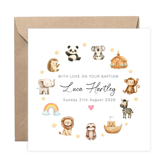 Personalised Christening Card for Boys or Girls – Cute Animals and Church Design with Custom Name and Date - Baptism Card for Son, Daughter, Grandson, Granddaughter, Nephew, Niece with Kraft Envelope