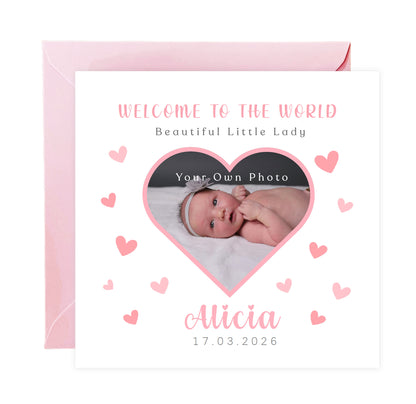 Personalised Phoro New Baby Girl Card Congratulations for Newborn Daughter, Granddaughter, Niece - Welcome To The World Card with Heart Frame Design - Custom Photo, Name & Date with Pink Envelope
