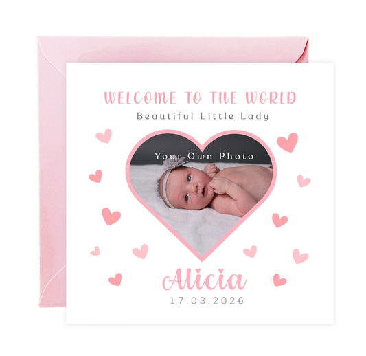 Personalised Phoro New Baby Girl Card Congratulations for Newborn Daughter, Granddaughter, Niece - Welcome To The World Card with Heart Frame Design - Custom Photo, Name & Date with Pink Envelope