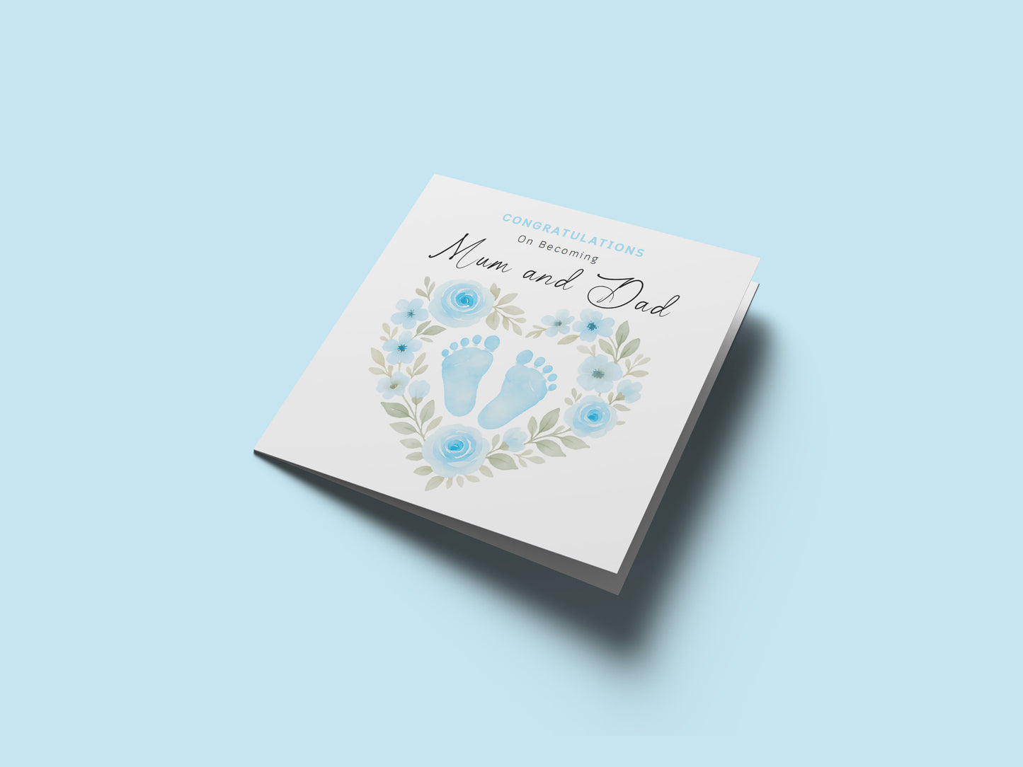 Personalised New Baby Boy Card – Congratulations On Becoming Mum & Dad, Auntie & Uncle, Grandpa & Grandma – Blue Baby Feet design - Blue Envelope Included