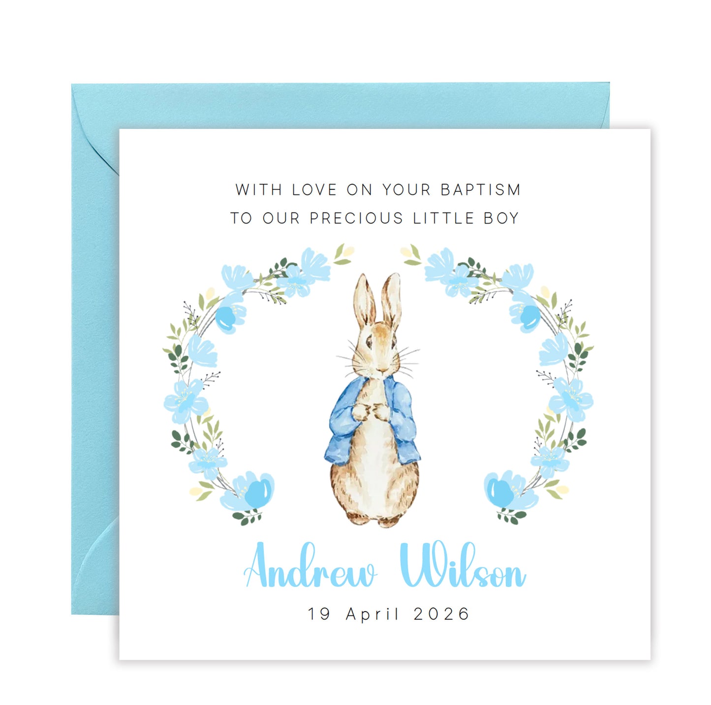 Personalised Christening Card for Boy – Custom Baptism Card with Message, Name & Date -  Blue Bunny Floral Wreath Design – Baptism Card for Boys, Son, Grandson, Nephew with Blue Envelope