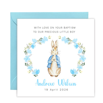 Personalised Christening Card for Boy – Custom Baptism Card with Message, Name & Date -  Blue Bunny Floral Wreath Design – Baptism Card for Boys, Son, Grandson, Nephew with Blue Envelope