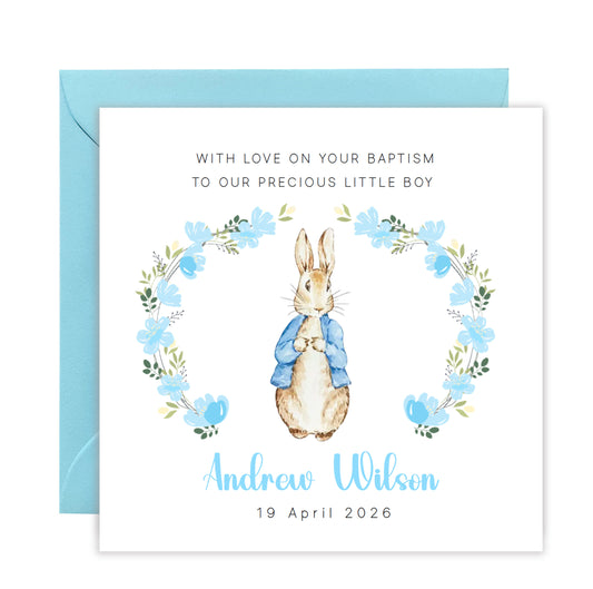 Personalised Christening Card for Boy – Custom Baptism Card with Message, Name & Date -  Blue Bunny Floral Wreath Design – Baptism Card for Boys, Son, Grandson, Nephew with Blue Envelope