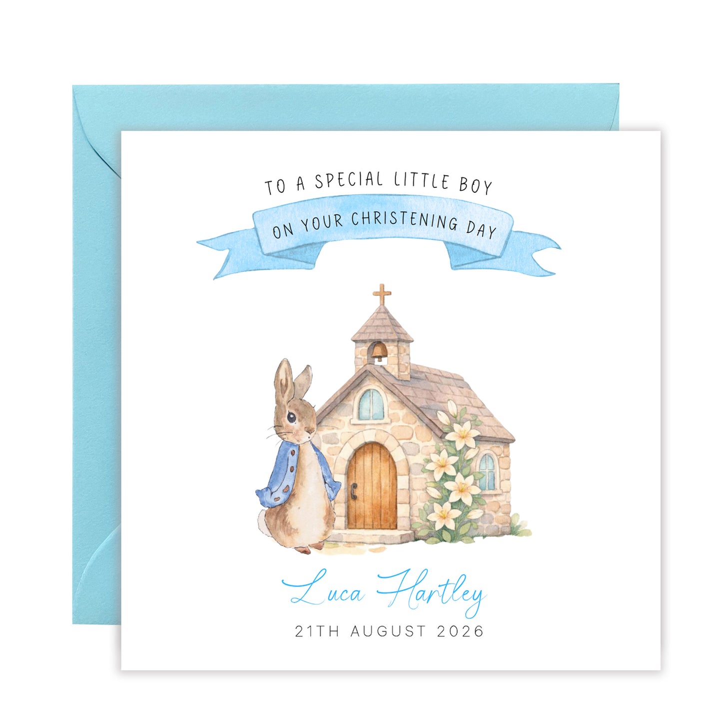 Personalised Christening Card for Boy – Custom Baptism Card with Message, Name & Date - Cute Bunny & Church Design – Baptism Card for Boys, Son, Grandson, Nephew with Blue Envelope