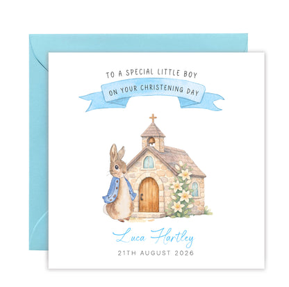 Personalised Christening Card for Boy – Custom Baptism Card with Message, Name & Date - Cute Bunny & Church Design – Baptism Card for Boys, Son, Grandson, Nephew with Blue Envelope