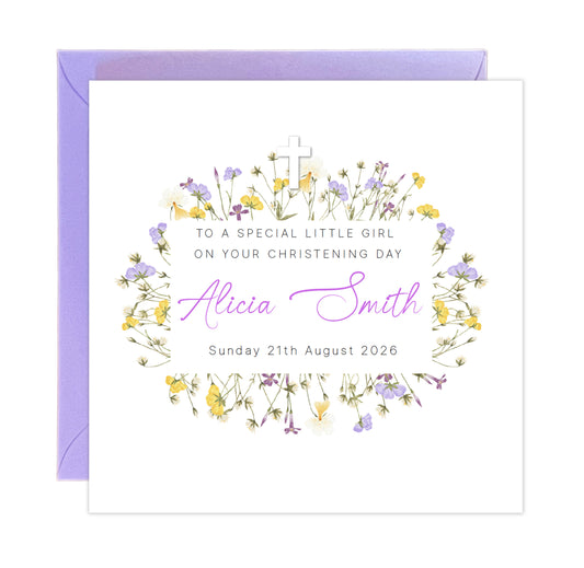 Personalised Christening Card for Girl – Custom Baptism Card with Name & Date - Elegant Purple Flowers Design – Baptism Card for Girls, Daughter, Granddaughter, Niece - Purple Envelope Included