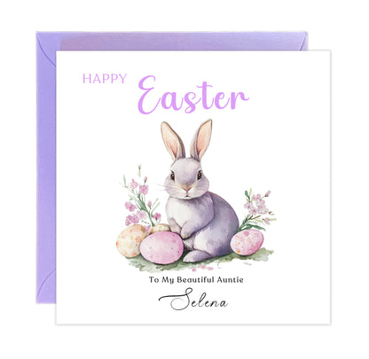 Personalised Happy Easter Card with Custom Name and Message - Purple Bunnies with Easter Eggs Design for Her, Mum, Grandma, Auntie, Daughter, Granddaughter, Niece, Girls – Purple Envelope Included (Copy)