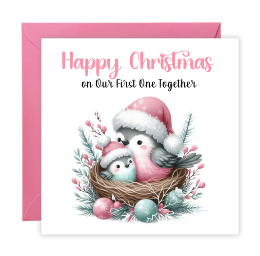 First 1st Christmas Card for New Mum, Baby Boy or Baby Girl - Cute Robin Birds Design  – New Mum Mummy, Son, Daughter Xmas Card - Pink Envelope Included