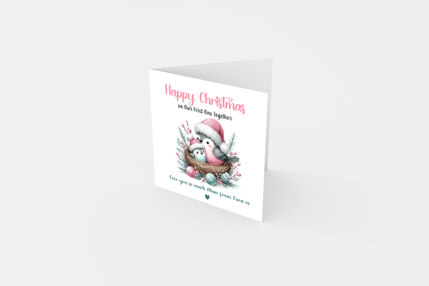 Personalised First Christmas Card for New Mum, Baby Boy or Baby Girl - Customised Message – Cute Robin Birds Design  – New Mum Mummy, Son or Daughter Xmas Card- Pink Envelope Included