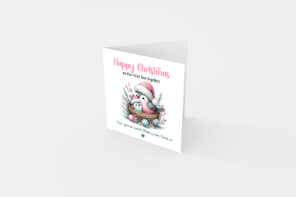 Personalised First Christmas Card for New Mum, Baby Boy or Baby Girl - Customised Message – Cute Robin Birds Design  – New Mum Mummy, Son or Daughter Xmas Card- Pink Envelope Included