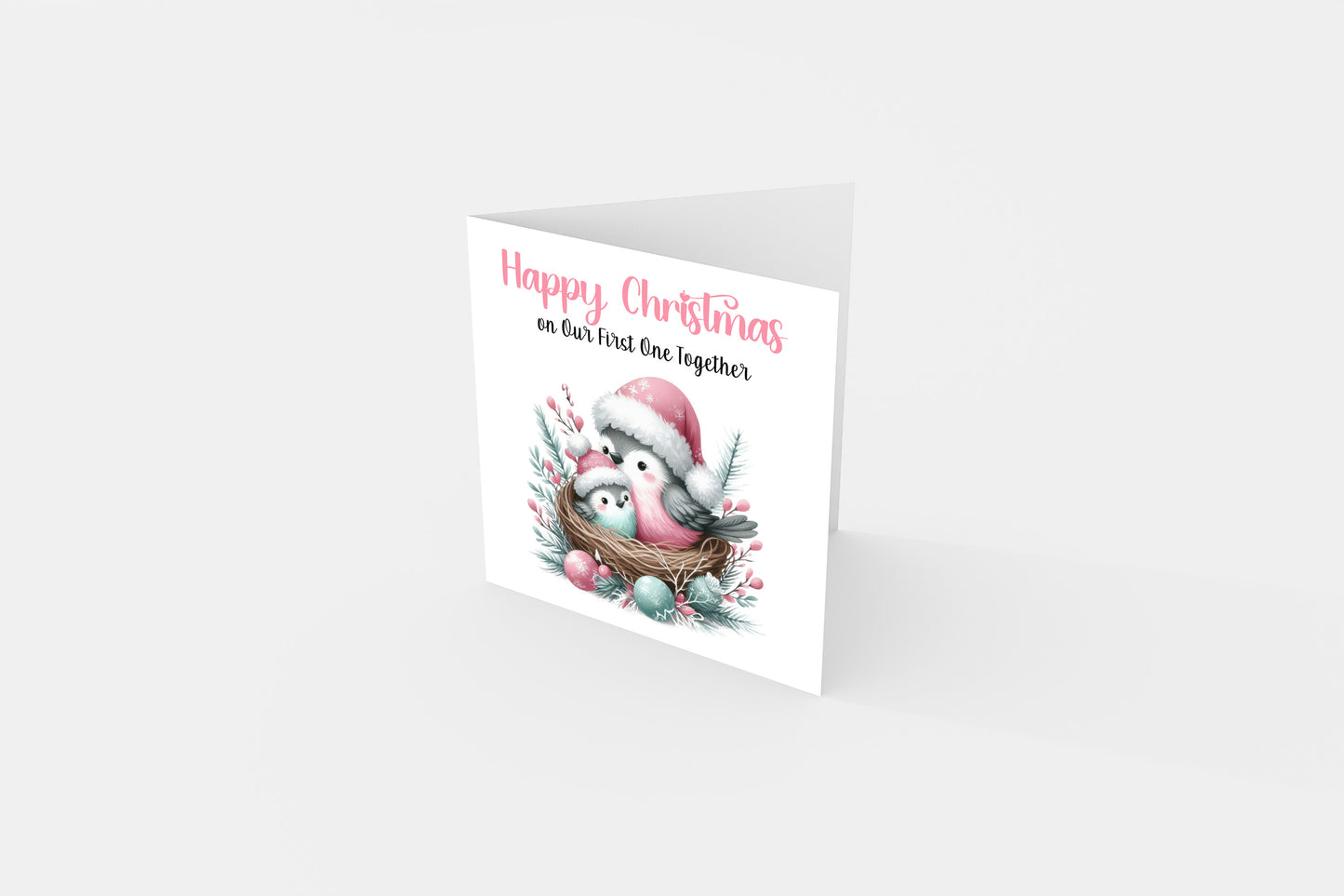 First 1st Christmas Card for New Mum, Baby Boy or Baby Girl - Cute Robin Birds Design  – New Mum Mummy, Son, Daughter Xmas Card - Pink Envelope Included