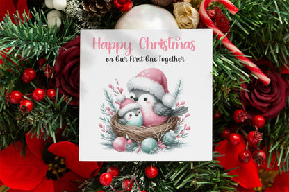 First 1st Christmas Card for New Mum, Baby Boy or Baby Girl - Cute Robin Birds Design  – New Mum Mummy, Son, Daughter Xmas Card - Pink Envelope Included