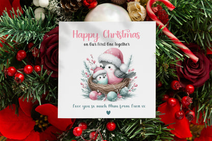 Personalised First Christmas Card for New Mum, Baby Boy or Baby Girl - Customised Message – Cute Robin Birds Design  – New Mum Mummy, Son or Daughter Xmas Card- Pink Envelope Included