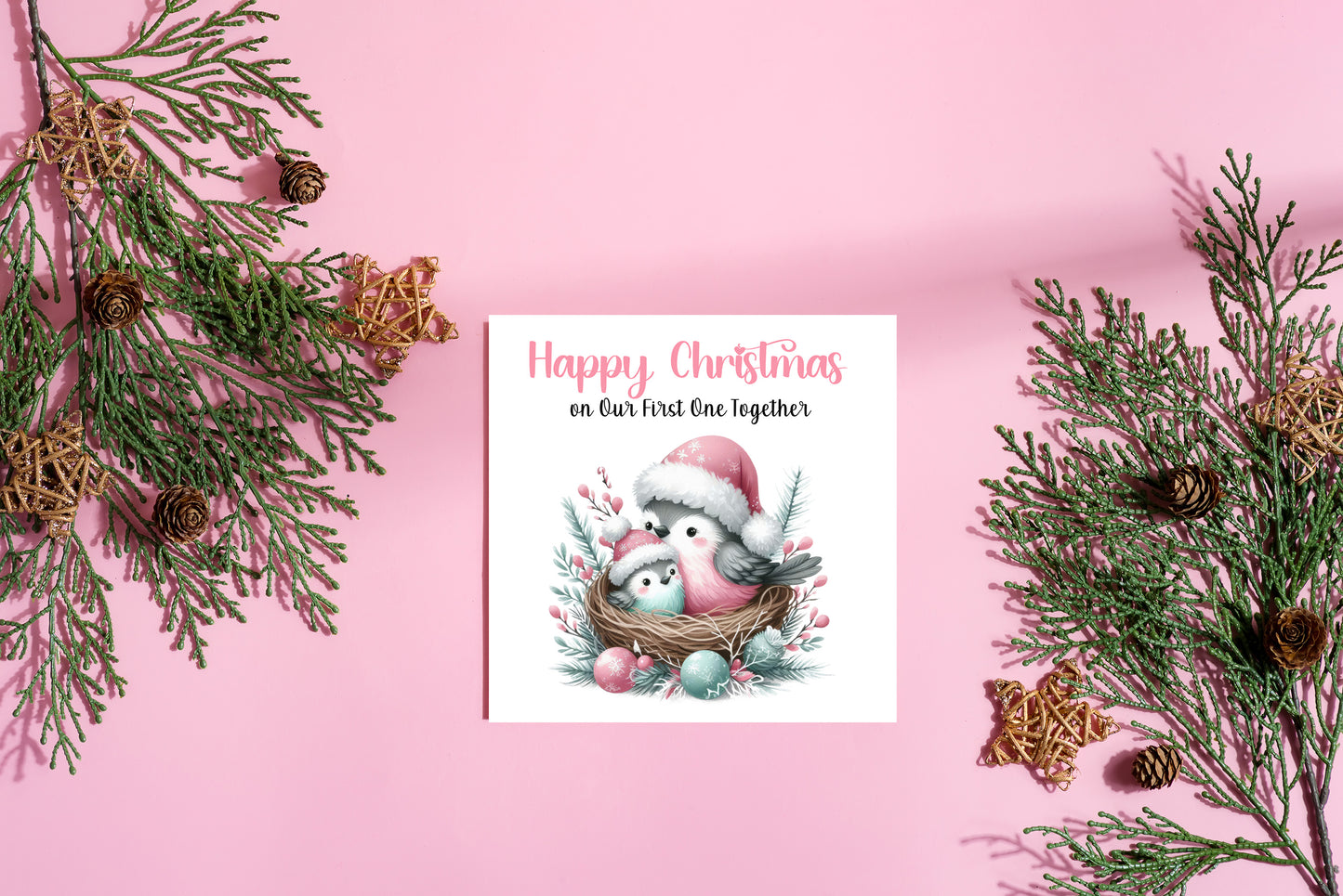First 1st Christmas Card for New Mum, Baby Boy or Baby Girl - Cute Robin Birds Design  – New Mum Mummy, Son, Daughter Xmas Card - Pink Envelope Included