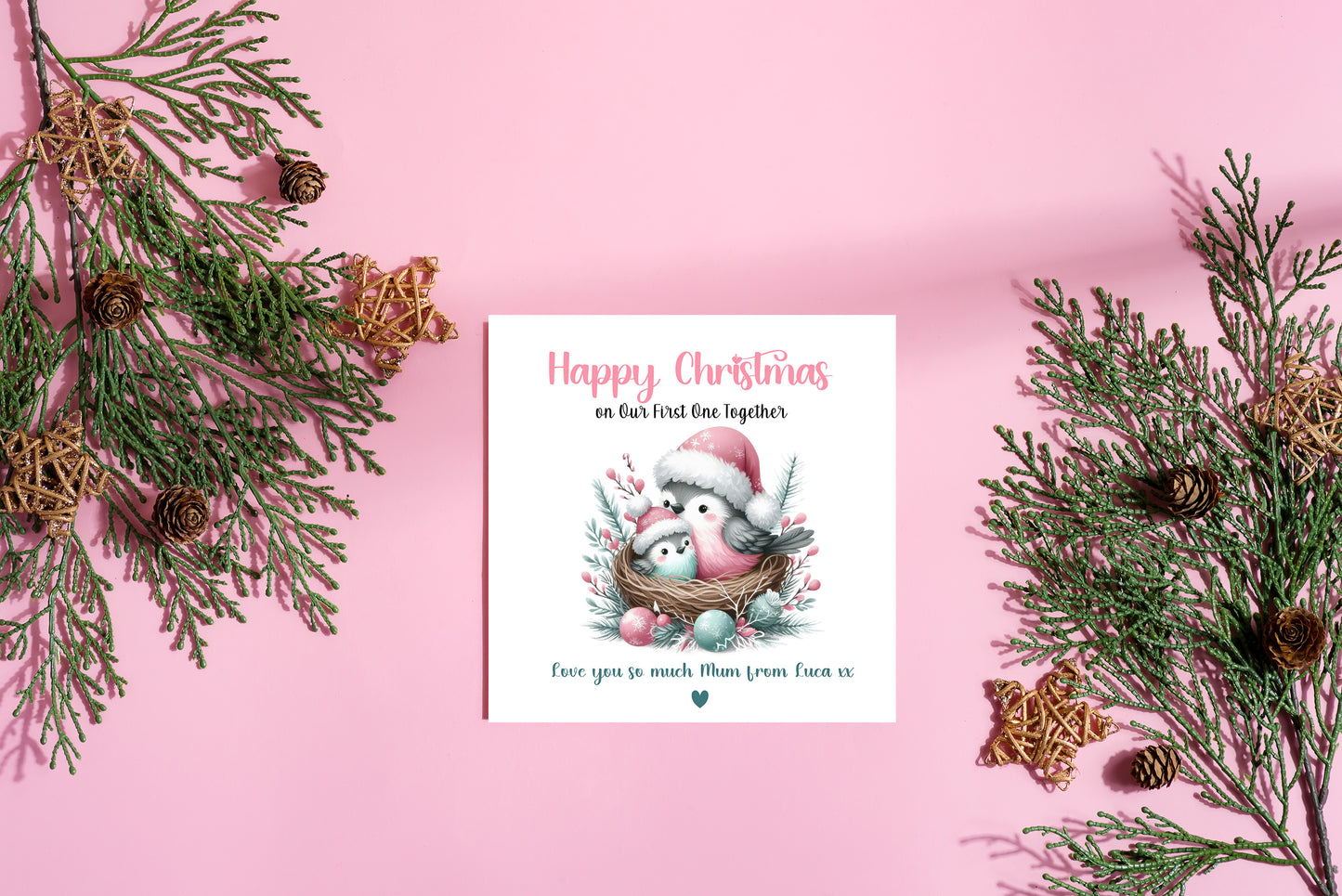 Personalised First Christmas Card for New Mum, Baby Boy or Baby Girl - Customised Message – Cute Robin Birds Design  – New Mum Mummy, Son or Daughter Xmas Card- Pink Envelope Included