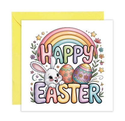 Happy Easter Card with Bunny and Rainbow Design – Cute Spring Holiday Card for Family, Kids, Boys, Girls, Son, Daughter, Nephew, Niece, Granddaughter, Grandson – Yellow Envelope Included
