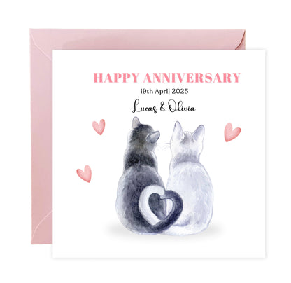Personalized Wedding Anniversary Card – Cute Cat Couple Design with Customised Names and Date– for Couples, Husband, Wife, Loved Ones, Relationship, Engagement, 1st Date – Pink Envelope Included