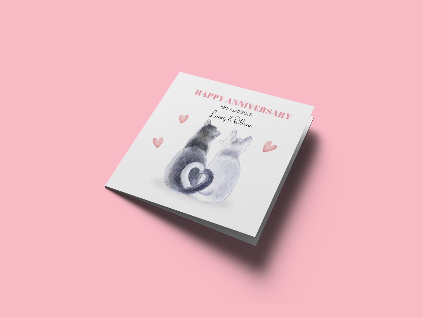 Personalized Wedding Anniversary Card – Cute Cat Couple Design with Customised Names and Date– for Couples, Husband, Wife, Loved Ones, Relationship, Engagement, 1st Date – Pink Envelope Included