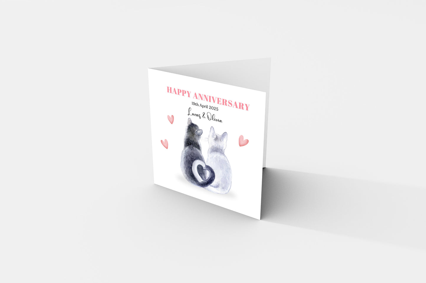 Personalized Wedding Anniversary Card – Cute Cat Couple Design with Customised Names and Date– for Couples, Husband, Wife, Loved Ones, Relationship, Engagement, 1st Date – Pink Envelope Included
