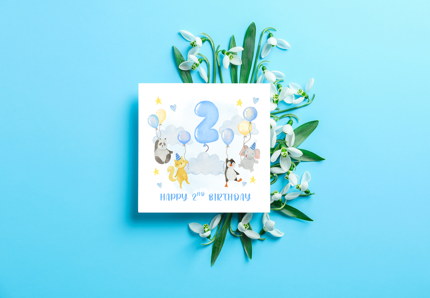 2nd Birthday Card for Boys – Cute Animal Panda, Fox, Penguin & Elephant Design with Balloons, Age 2 Years Old Birthday Card for Boy, Son, Grandson, Nephew – Happy 2nd Birthday- Blue Envelope Included