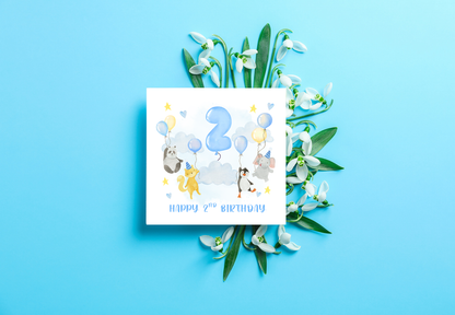 2nd Birthday Card for Boys – Cute Animal Panda, Fox, Penguin & Elephant Design with Balloons, Age 2 Years Old Birthday Card for Boy, Son, Grandson, Nephew – Happy 2nd Birthday- Blue Envelope Included