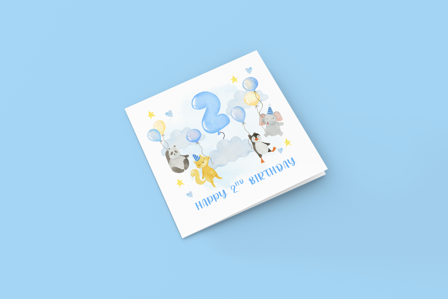 2nd Birthday Card for Boys – Cute Animal Panda, Fox, Penguin & Elephant Design with Balloons, Age 2 Years Old Birthday Card for Boy, Son, Grandson, Nephew – Happy 2nd Birthday- Blue Envelope Included