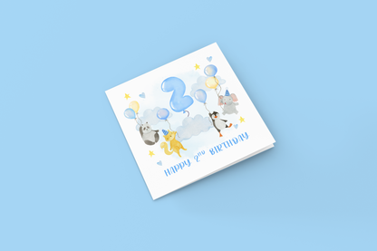 2nd Birthday Card for Boys – Cute Animal Panda, Fox, Penguin & Elephant Design with Balloons, Age 2 Years Old Birthday Card for Boy, Son, Grandson, Nephew – Happy 2nd Birthday- Blue Envelope Included