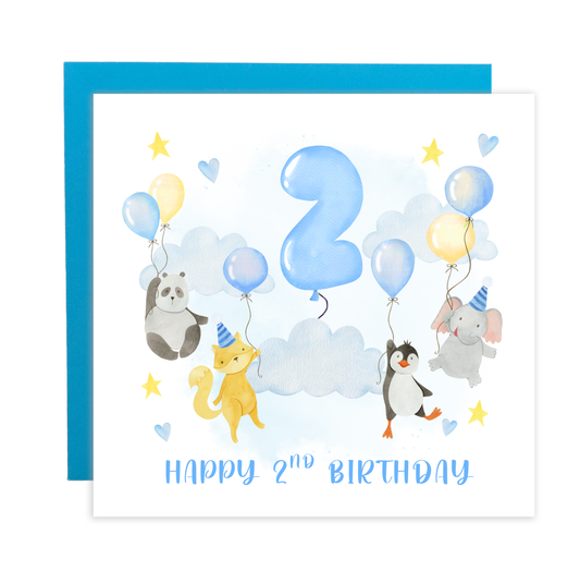 2nd Birthday Card for Boys – Cute Animal Panda, Fox, Penguin & Elephant Design with Balloons, Age 2 Years Old Birthday Card for Boy, Son, Grandson, Nephew – Happy 2nd Birthday- Blue Envelope Included
