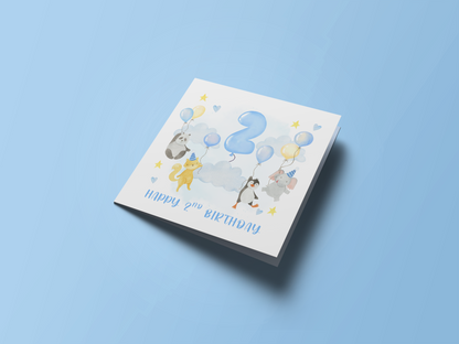 2nd Birthday Card for Boys – Cute Animal Panda, Fox, Penguin & Elephant Design with Balloons, Age 2 Years Old Birthday Card for Boy, Son, Grandson, Nephew – Happy 2nd Birthday- Blue Envelope Included