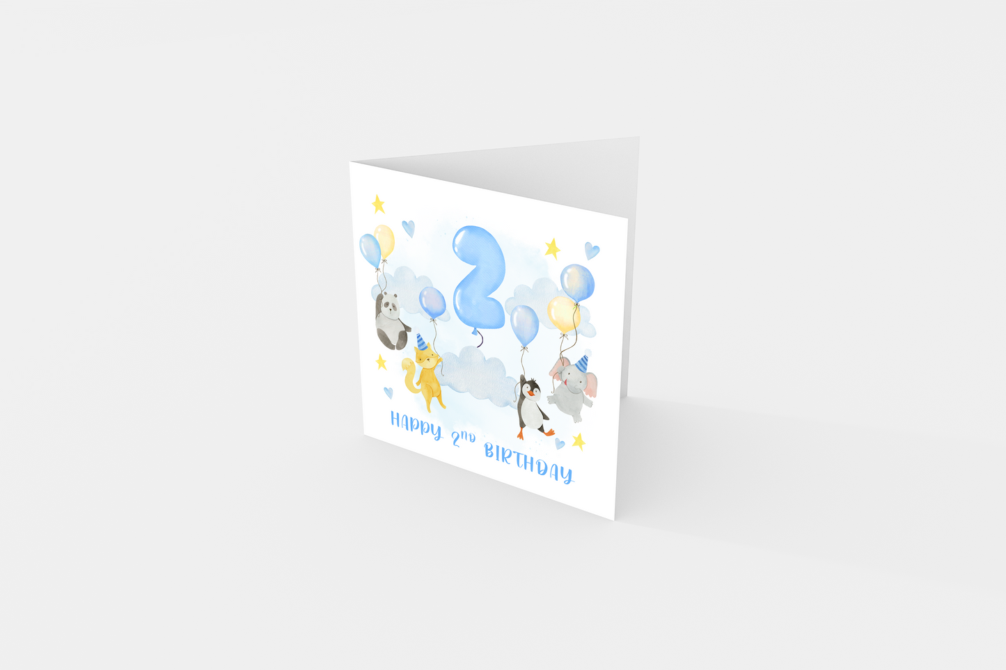2nd Birthday Card for Boys – Cute Animal Panda, Fox, Penguin & Elephant Design with Balloons, Age 2 Years Old Birthday Card for Boy, Son, Grandson, Nephew – Happy 2nd Birthday- Blue Envelope Included