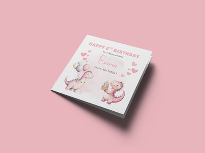 Personalised 6th Birthday Card for Girls – Cute Dinosaurs Design with Custom Name and Message – Age 6 Years Old Birthday Card for Girls, Kids, Daughter, Granddaughter, Niece – Pink Envelope Included