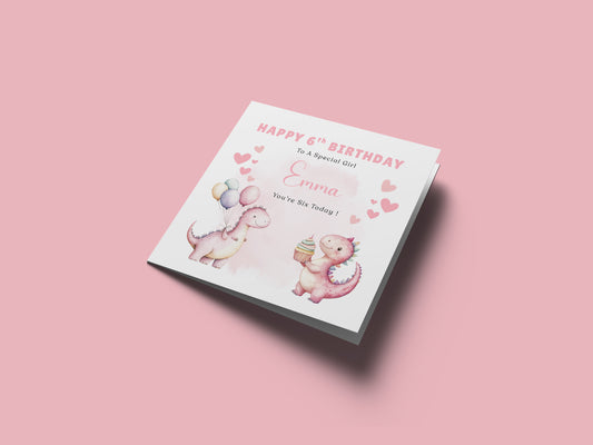 Personalised 6th Birthday Card for Girls – Cute Dinosaurs Design with Custom Name and Message – Age 6 Years Old Birthday Card for Girls, Kids, Daughter, Granddaughter, Niece – Pink Envelope Included