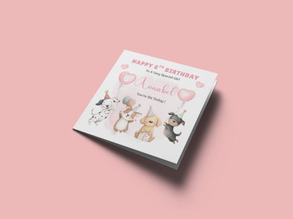 Personalised 6th Birthday Card for Girls – Cute Puppy Dogs Design with Custom Name and Message – Age 6 Years Old Birthday Card for Girls, Kids, Daughter, Granddaughter, Niece – Pink Envelope Included
