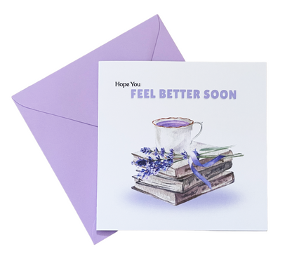 Lavender Vibe Hope You Feel Better Soon, Get Well Soon Card with Lavender Flowers, Tea & Book - Thinking of You, Sympathy, Relaxing Support Card for Friends & Loved Ones - Purple Envlope Included