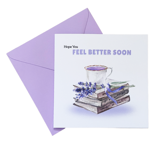 Lavender Vibe Hope You Feel Better Soon, Get Well Soon Card with Lavender Flowers, Tea & Book - Thinking of You, Sympathy, Relaxing Support Card for Friends & Loved Ones - Purple Envlope Included