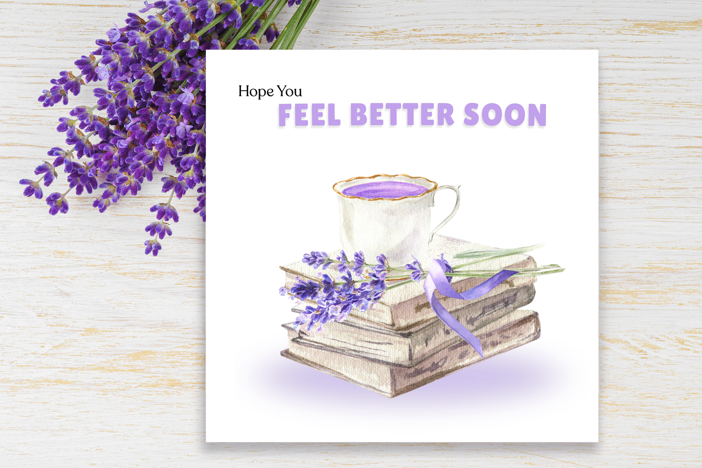 Lavender Vibe Hope You Feel Better Soon, Get Well Soon Card with Lavender Flowers, Tea & Book - Thinking of You, Sympathy, Relaxing Support Card for Friends & Loved Ones - Purple Envlope Included