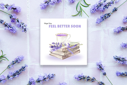 Lavender Vibe Hope You Feel Better Soon, Get Well Soon Card with Lavender Flowers, Tea & Book - Thinking of You, Sympathy, Relaxing Support Card for Friends & Loved Ones - Purple Envlope Included