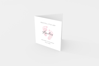 Personalised New Baby Card for Baby Girl, Welcome To The World Newborn Card, Baby Shower for Daughter, Granddaughter, Niece, Baby Feet Design with Customised Name &Date - Pink Envelope Included
