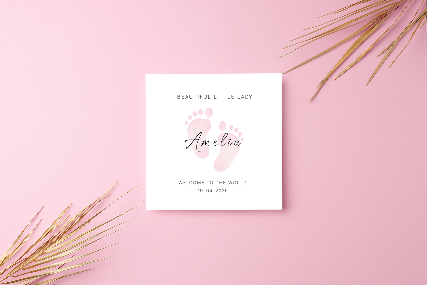 Personalised New Baby Card for Baby Girl, Welcome To The World Newborn Card, Baby Shower for Daughter, Granddaughter, Niece, Baby Feet Design with Customised Name &Date - Pink Envelope Included