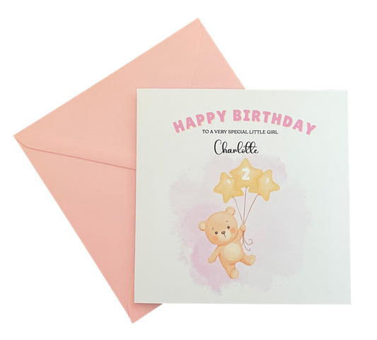 Bear with Star Balloon -Personalised Birthday Folded Card for Girls, Custom Name and Message Happy Birthday Card, Any Age Birthday, 1st 2nd 3rd 4th 5th 6th 7th 8th 9th 10th, Customisable Birthday Card for Children