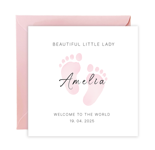 Personalised New Baby Card for Baby Girl, Welcome To The World Newborn Card, Baby Shower for Daughter, Granddaughter, Niece, Baby Feet Design with Customised Name &Date - Pink Envelope Included