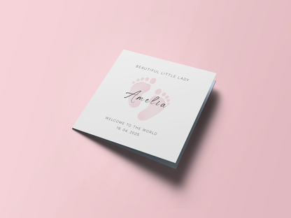 Personalised New Baby Card for Baby Girl, Welcome To The World Newborn Card, Baby Shower for Daughter, Granddaughter, Niece, Baby Feet Design with Customised Name &Date - Pink Envelope Included