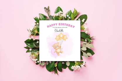 Bear with Star Balloon -Personalised Birthday Folded Card for Girls, Custom Name and Message Happy Birthday Card, Any Age Birthday, 1st 2nd 3rd 4th 5th 6th 7th 8th 9th 10th, Customisable Birthday Card for Children