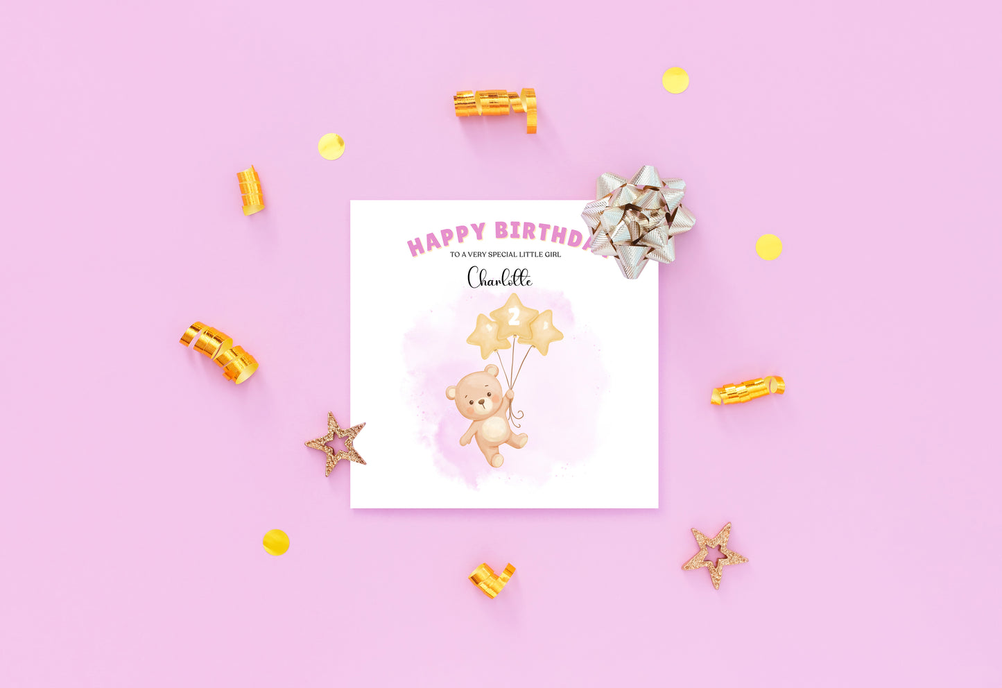 Bear with Star Balloon -Personalised Birthday Folded Card for Girls, Custom Name and Message Happy Birthday Card, Any Age Birthday, 1st 2nd 3rd 4th 5th 6th 7th 8th 9th 10th, Customisable Birthday Card for Children