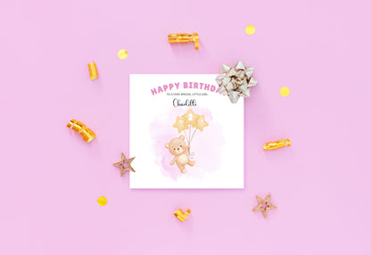 Bear with Star Balloon -Personalised Birthday Folded Card for Girls, Custom Name and Message Happy Birthday Card, Any Age Birthday, 1st 2nd 3rd 4th 5th 6th 7th 8th 9th 10th, Customisable Birthday Card for Children