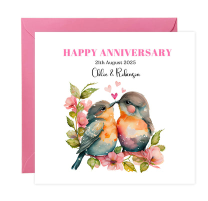 Personalized Wedding Anniversary Card – Cute Robin Couple Design with Customised Names and Date– for Couples, Husband, Wife, Relationship, Engagement, 1st Date – Pink Envelope Included