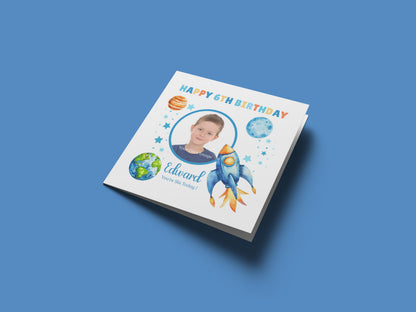 Personalised Photo 6th Birthday Card for Boys – Space-Themed Design with Custom Name and Message, Age 6 Years Old Birthday Card for Kids, Children, Boy, Son, Grandson, Nephew – Blue Envelope Included