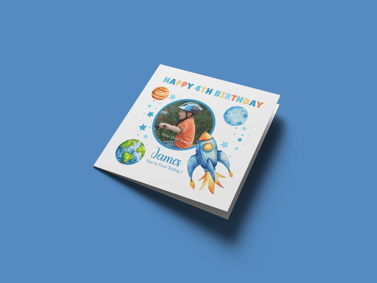 Personalised Photo 4th Birthday Card for Boys – Space-Themed Design with Custom Name and Message, Age 4 Years Old Birthday Card for Kids, Children, Boy, Son, Grandson, Nephew – Blue Envelope Included